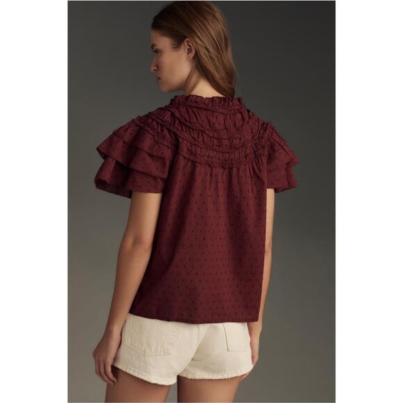 By Anthropologie V-Neck Ruffle Layered Sleeve Henley Loose Fit Top Women's Large - Picture 2 of 9